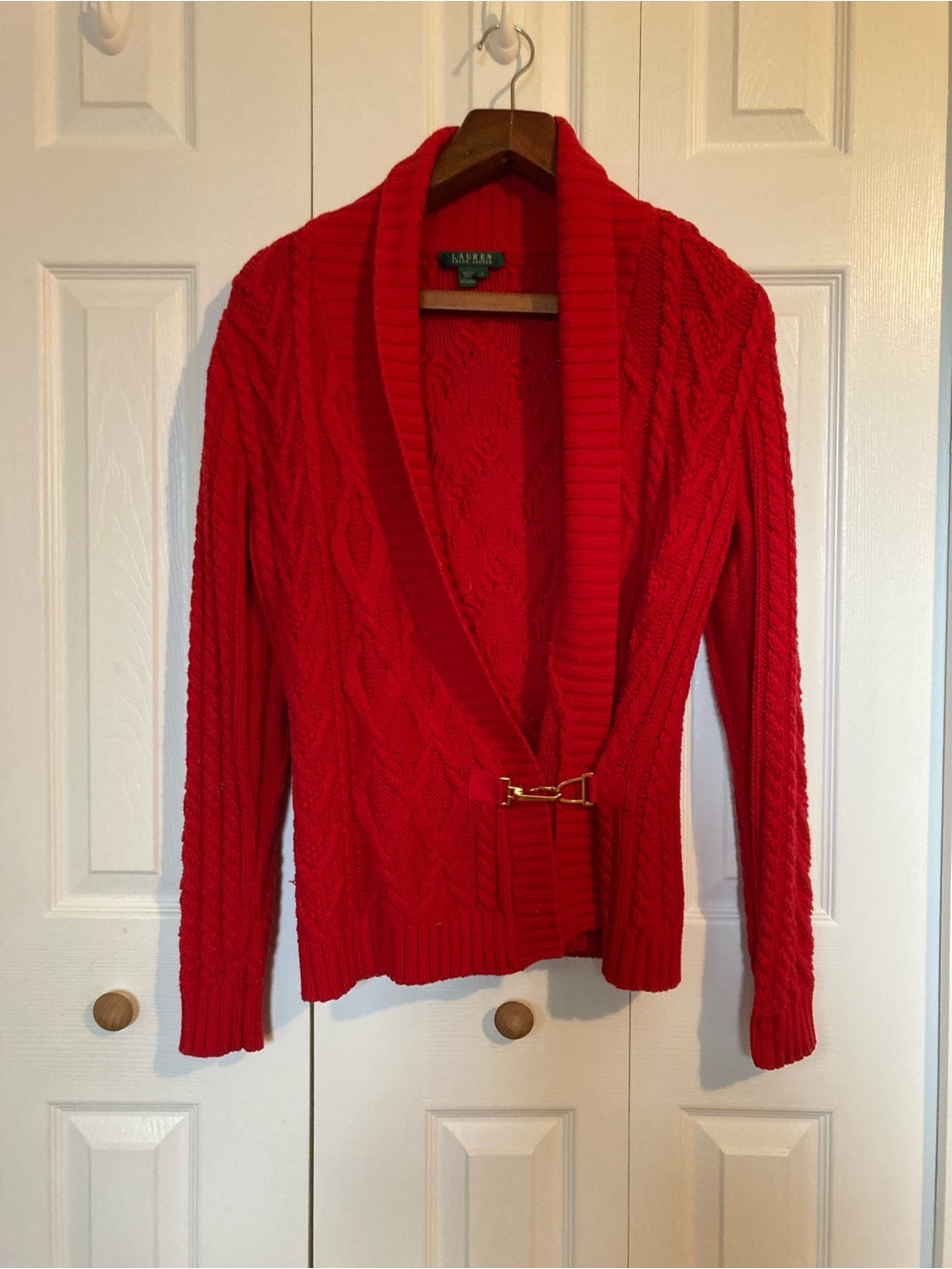 Lauren Ralph Lauren Red Cable Knit gold buckle Cardigan Sweater Size L